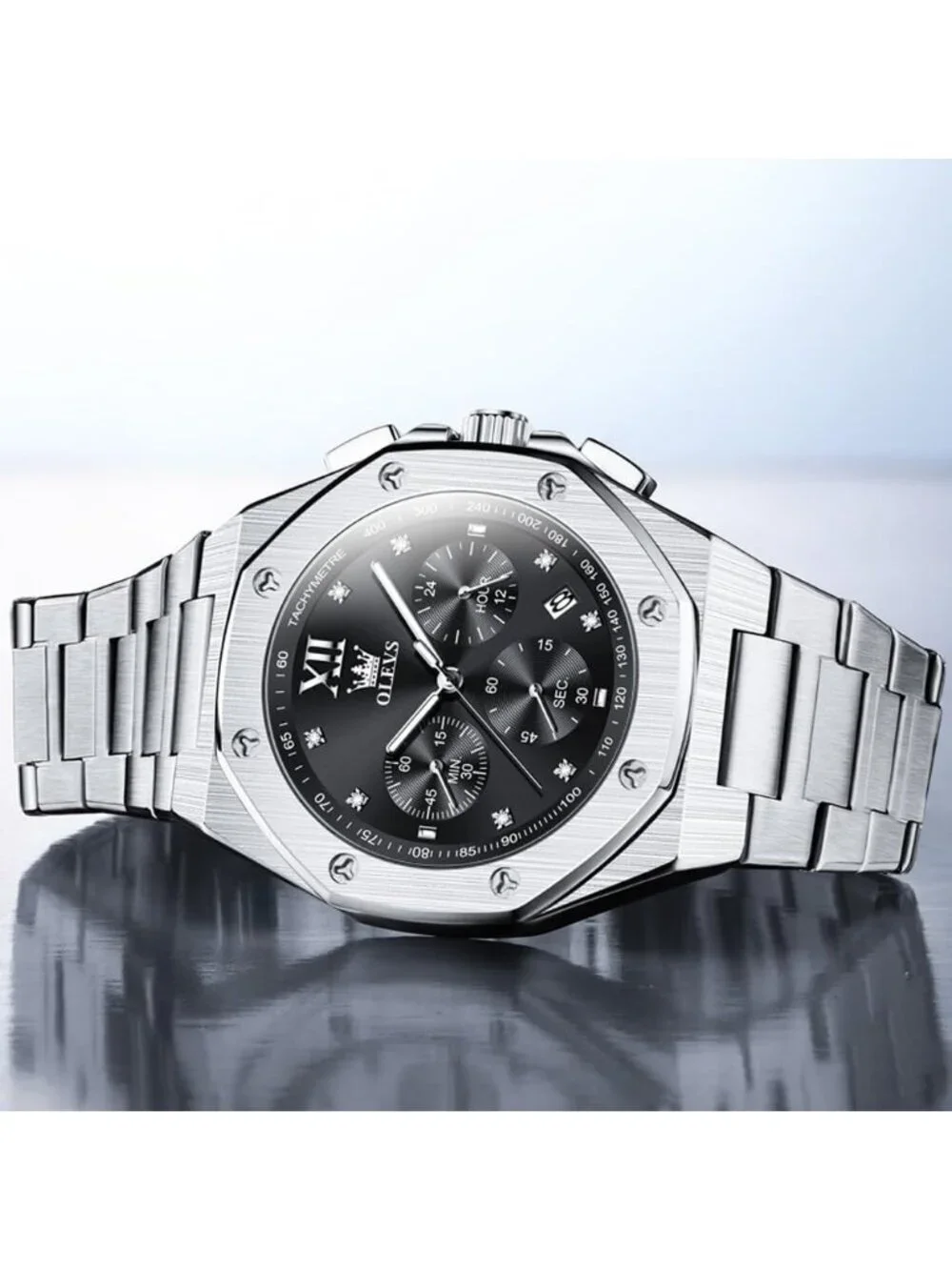 Mens Silver Black Luxury Stainless Steel Octagon Analog Quartz Chronograph Watch